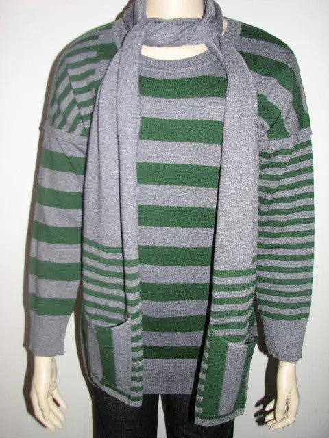 Elio Women Celine Striped Sweater With Matching Scarf -Green & Gray - FS GIFTS