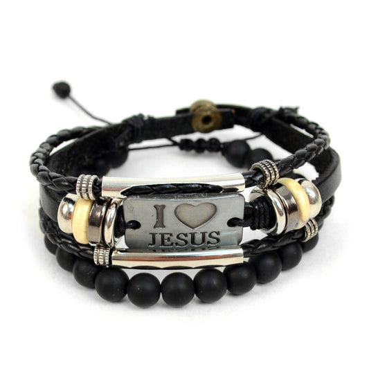 Genuine Leather & Natural Stone "I Love Jesus" Two Pieces Bracelet Set for Men-By  Parquet