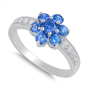 Sterling Silver Blue Saphire Plumeria Flower CZ Ring