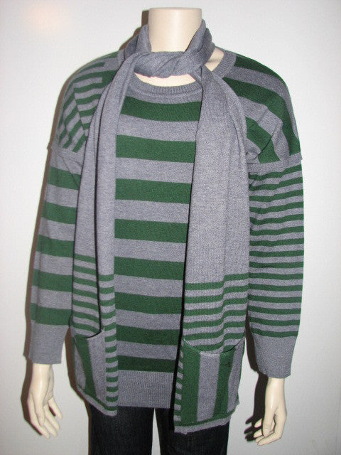 Elio Women Celine Striped Sweater With Matching Scarf -Green & Gray - FS GIFTS